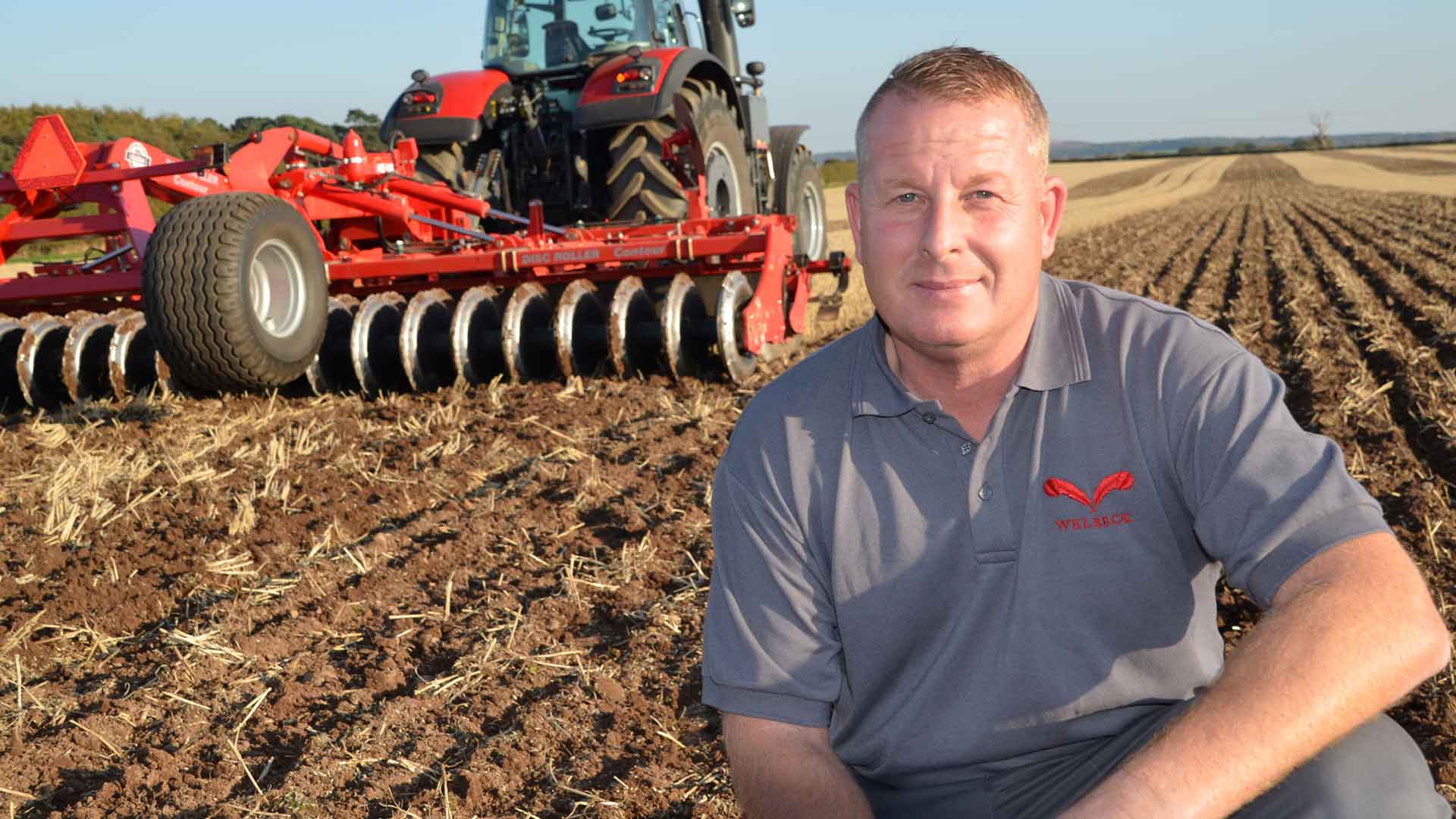 Tractor driver, Mark Newton, in the field with Disc-Roller Contour.